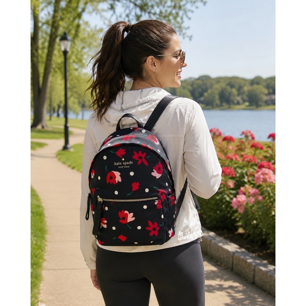 Kate Spade Chelsea Backpack Medium Navy Blue Whimsey Floral Polka‎ Dot EUC Nylon